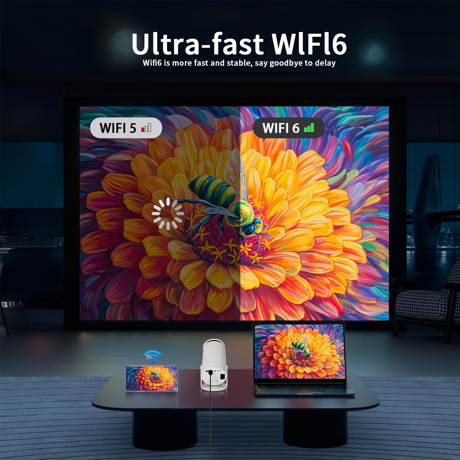 Mini WiFi6 Smart Projector with 1080p, Keystone Focus, Tabletop Mount