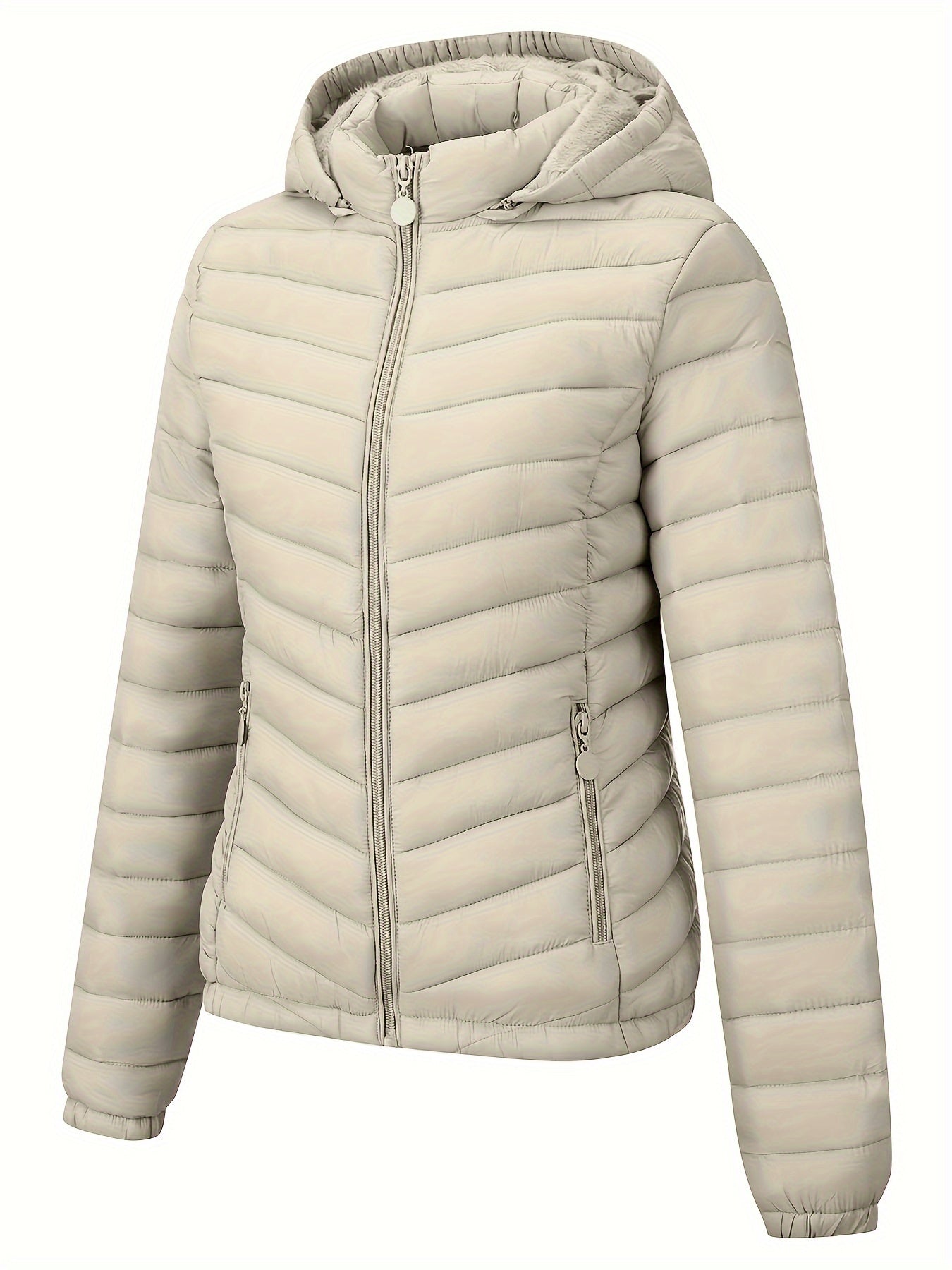 Abrigo acolchado con cremallera para mujer con bolsillos inclinados, manga larga, otoño e invierno, impermeable, no elástico