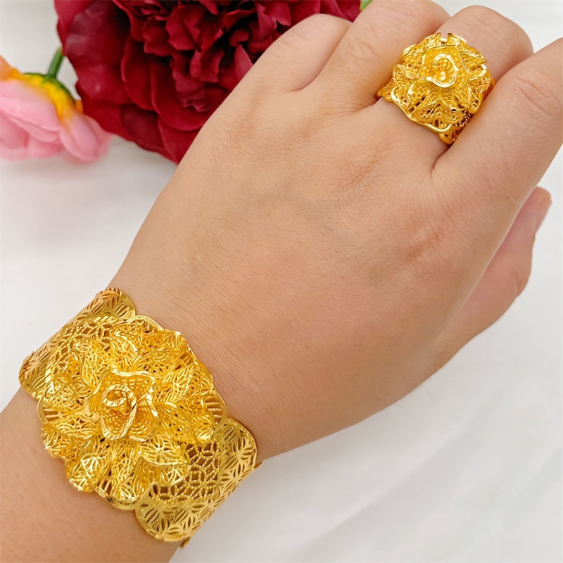 Винтажный комплект украшений: открытый браслет и кольцо с цветочным дизайном, позолота для женщин