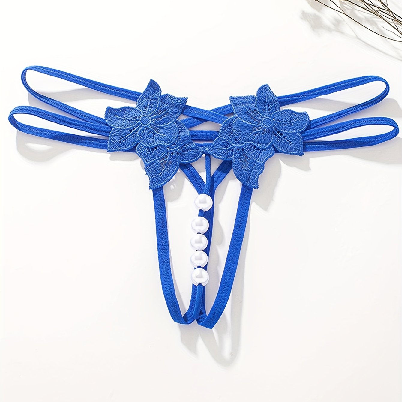 Women's Black Sheer Polyester Thongs with Floral Embroidery and Pearl Accents