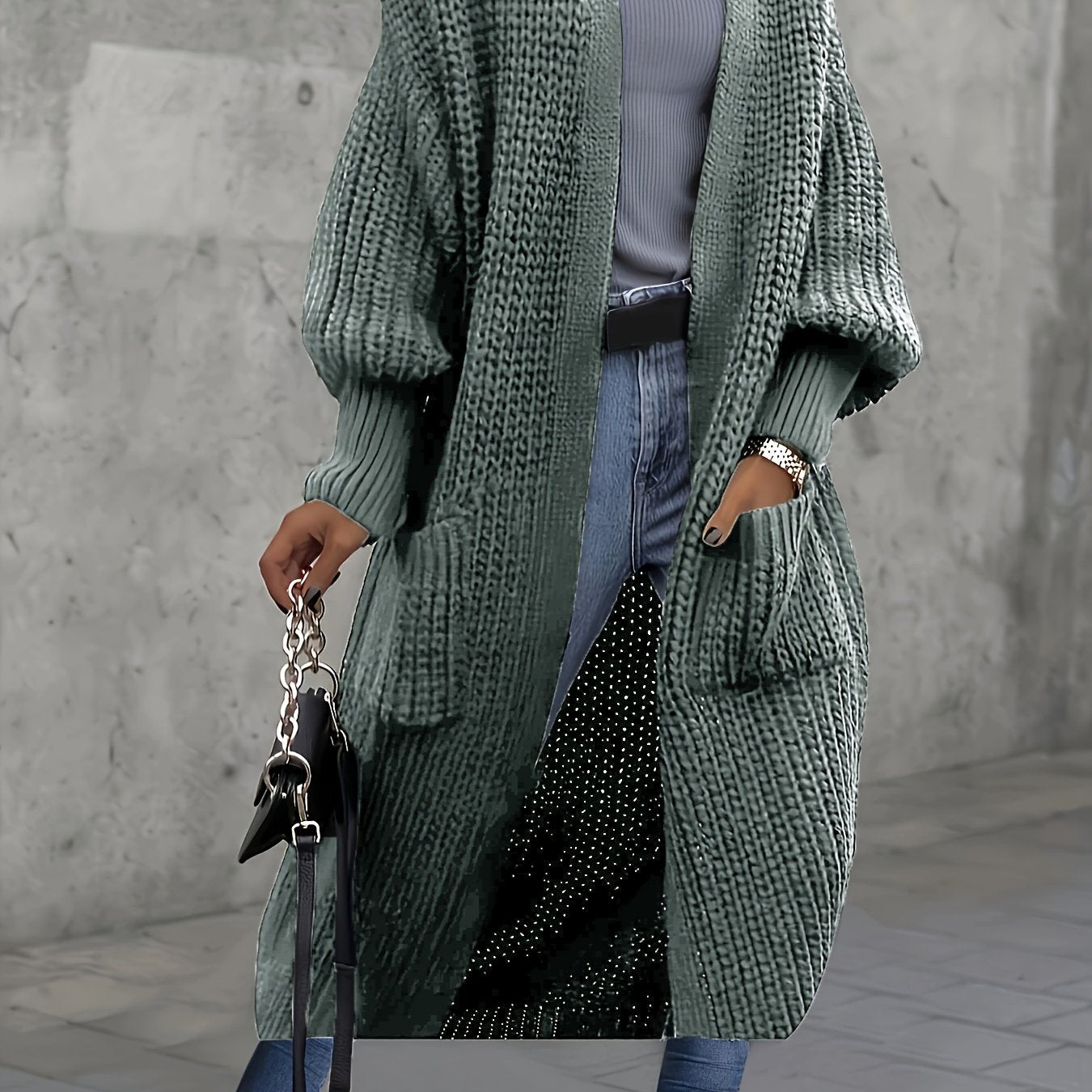 Plus Size Women's Rib Knit Open Front Longline Cardigan Gray