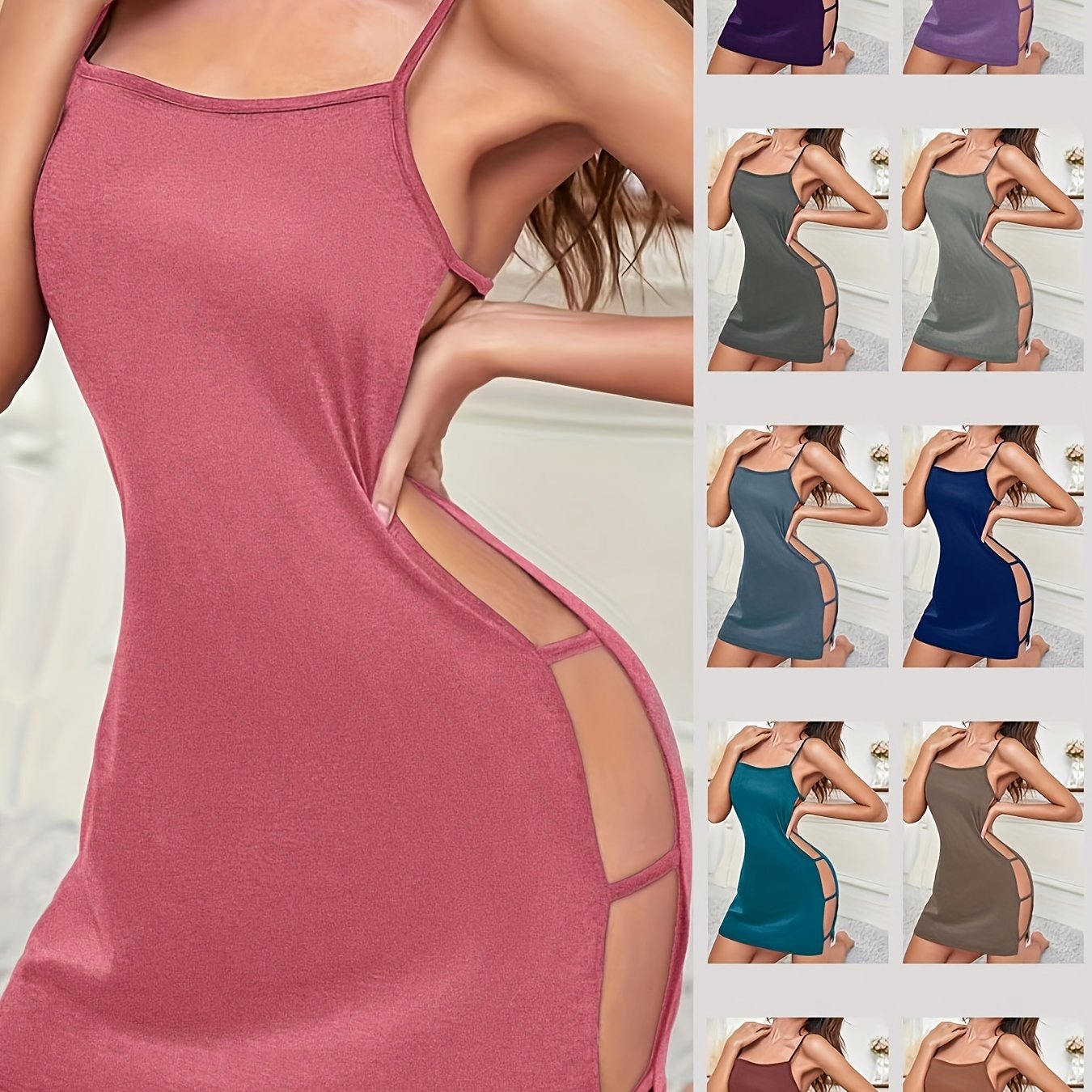 Women's Nightgown with Backless Round Neck Side Cutouts Satin Sleepwear Sexy Slip All-Season