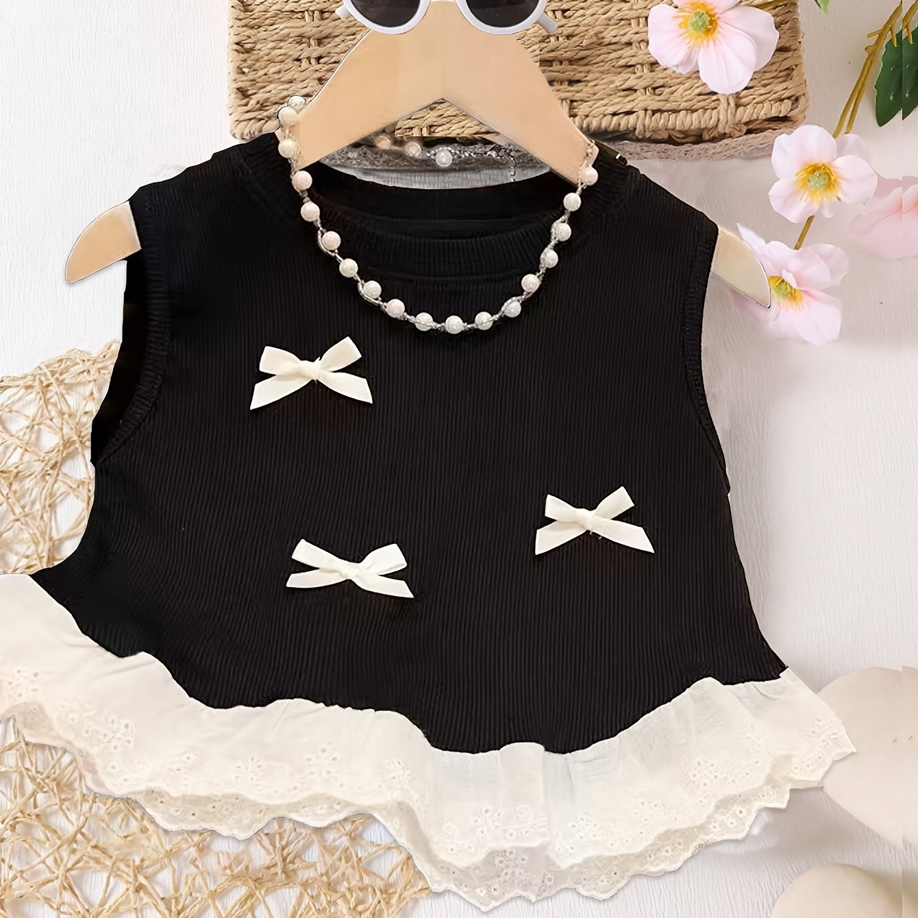 Girls' Summer Knit Top with Lace Trim Bow Ruffle Hem Sleeveless Solid Color