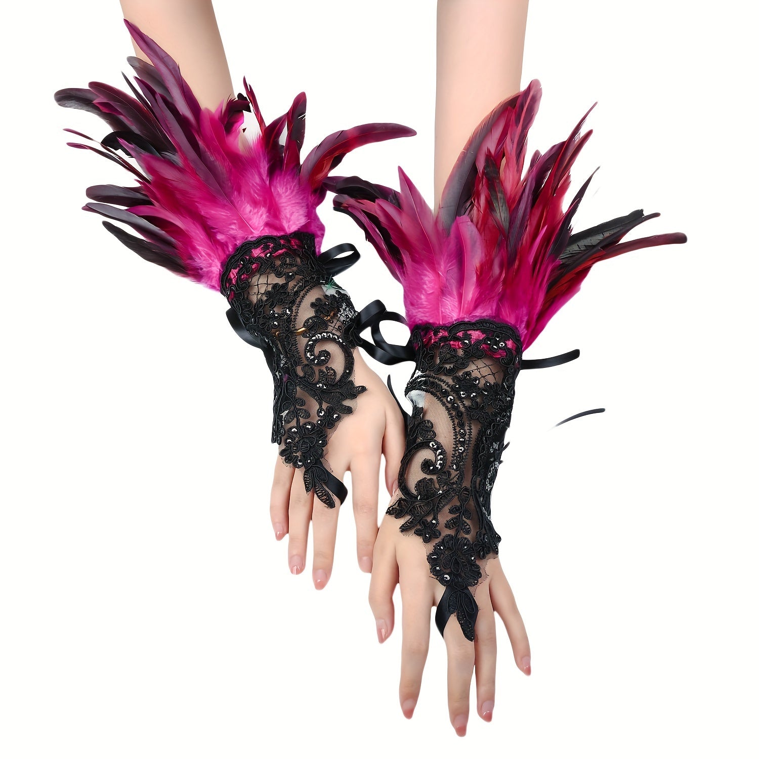Gothic Lace Gloves with Faux Feathers Sequins and Lace-Up Hooks for Halloween