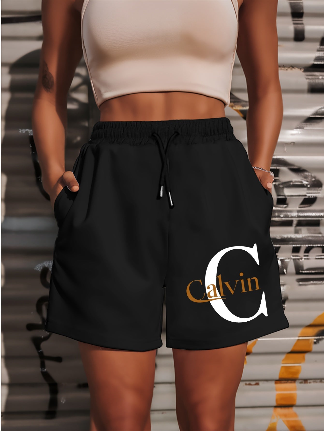 Шорты для женщин больших размеров с графическим принтом, повседневные летние пляжные спортивные шорты Black с золотыми буквами