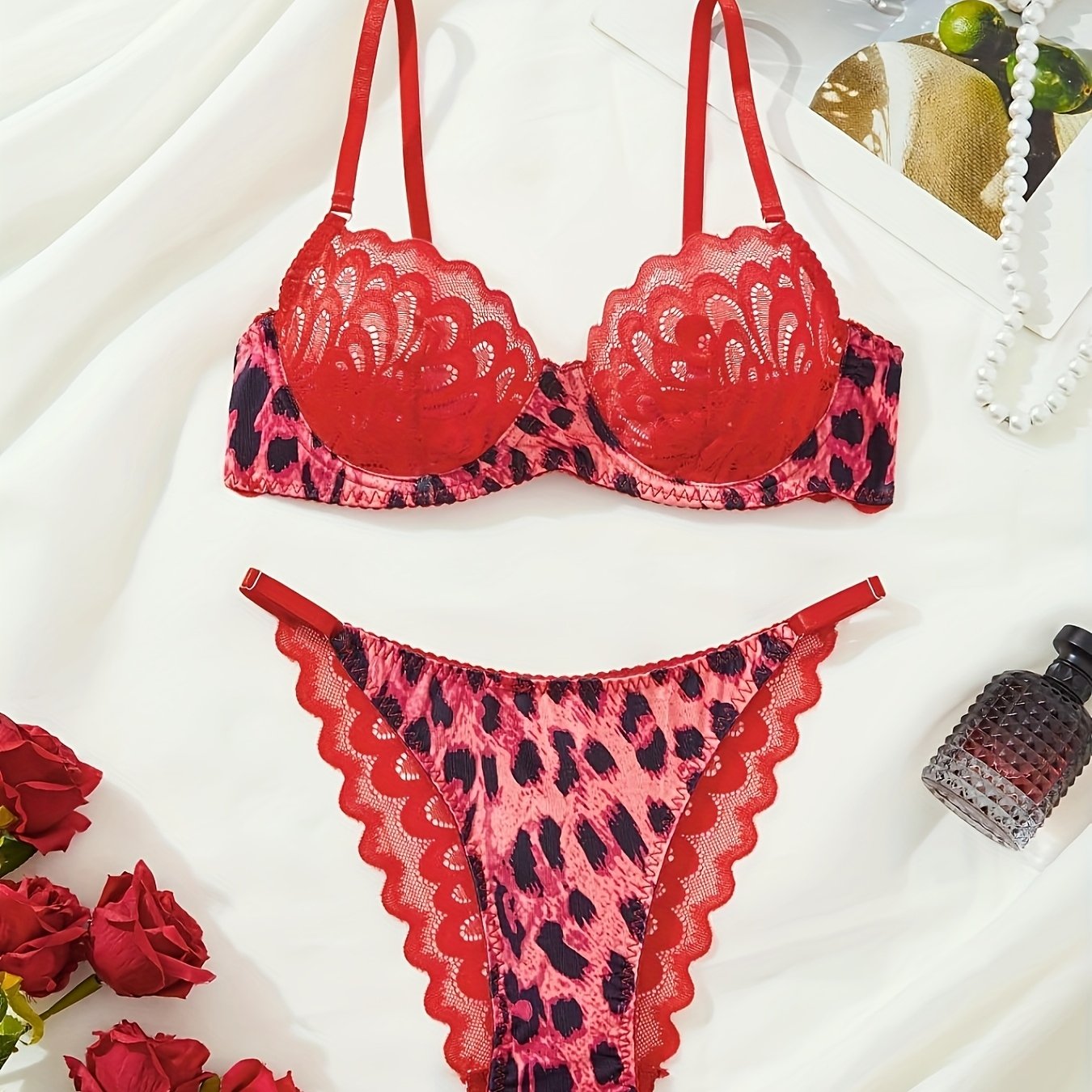 Leopard Print Lingerie Set with Floral Lace and Purple Underwear