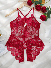 Lingerie Lace Bodysuit with Crotch Opening and Sparkling Buckle