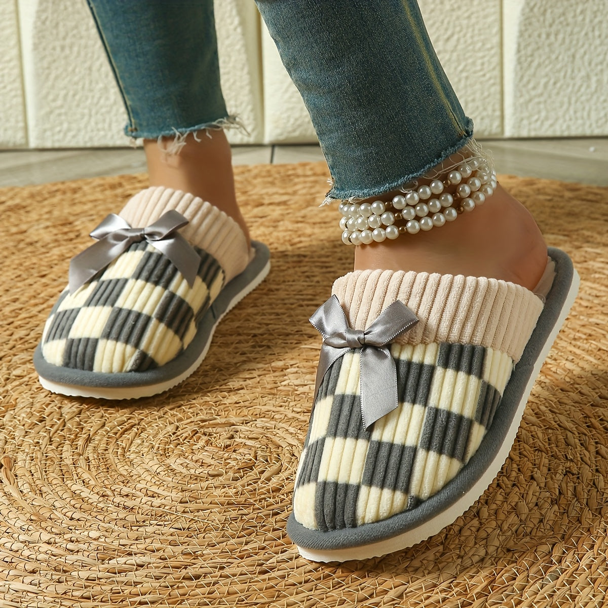 Unisex Plush Slip-On House Shoes Beige Black White Gray Indoor Comfort