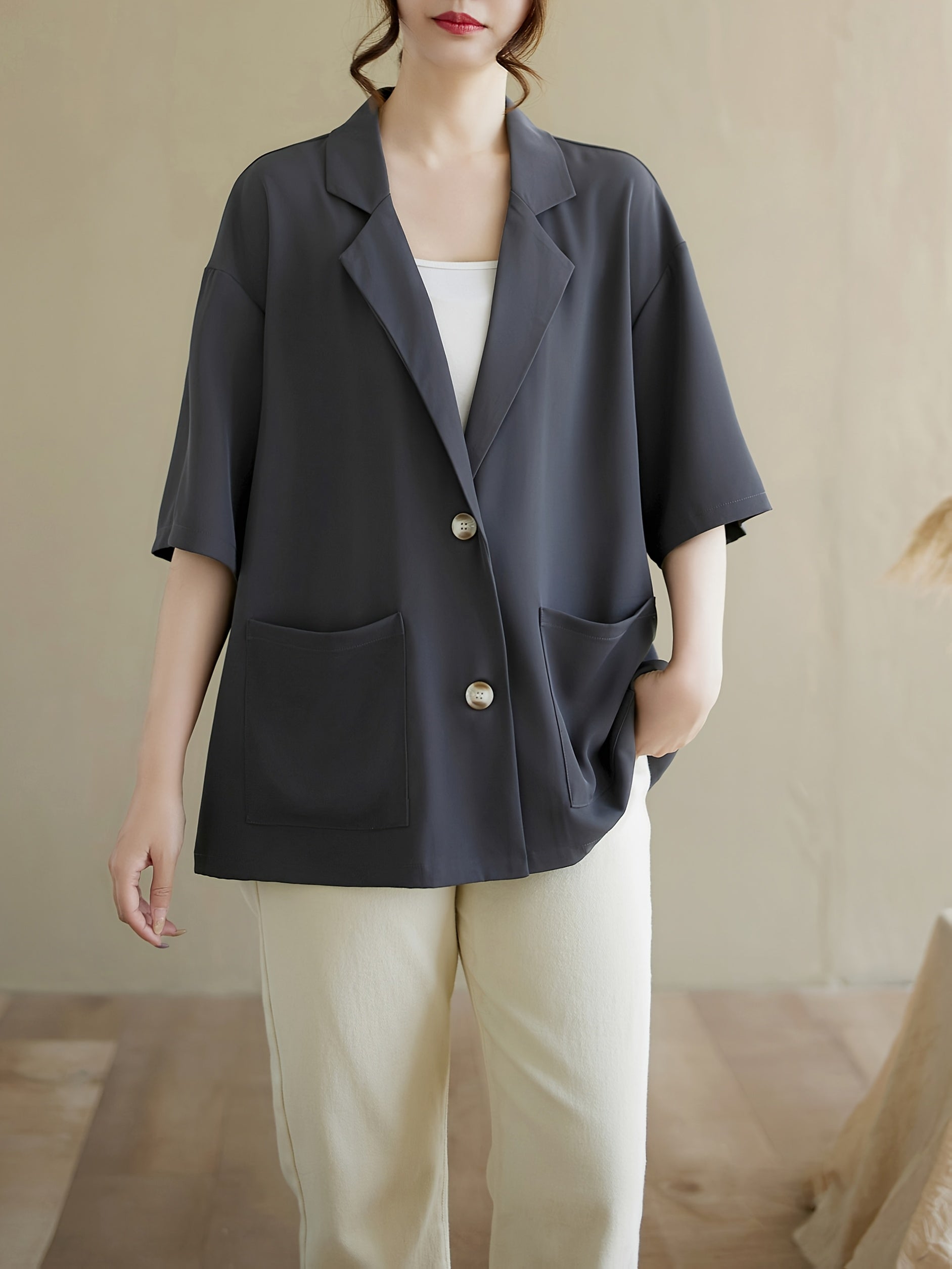 Women's Plus Size Lightweght Short Sleeve Blazer Cardigan Solid Color Work Wear