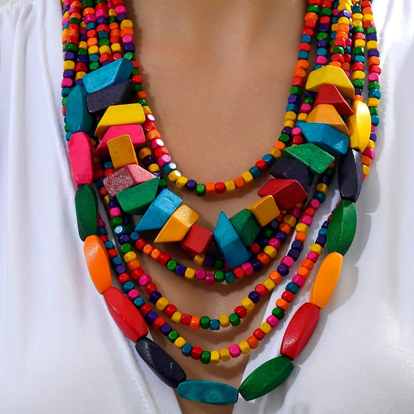 Colorful Bohemian Wooden Layered Necklace for Women and Teen Girls Casual Jewelry