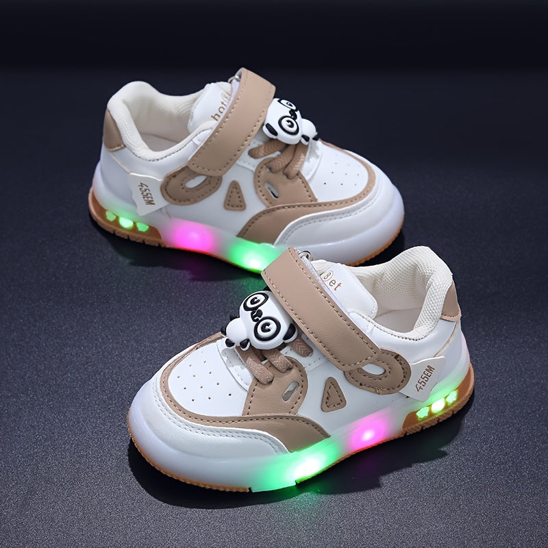 Kids LED Light-Up Sneakers with Panda Design, Low Top, Pink and White