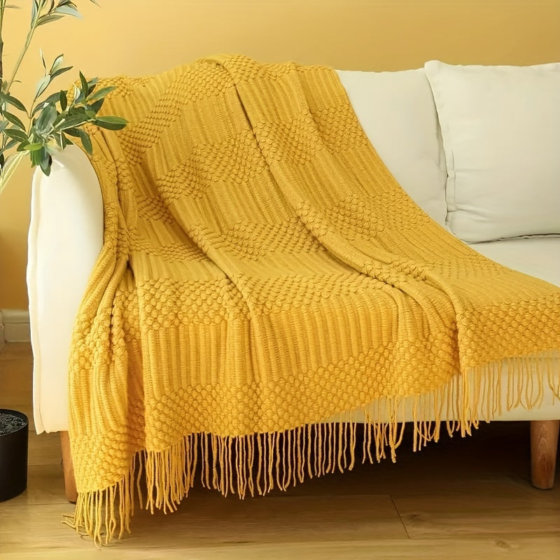 Soft Textured Throw Blanket Stain-Resistant Versatile Couch Bed Travel Green Tan 127x152cm