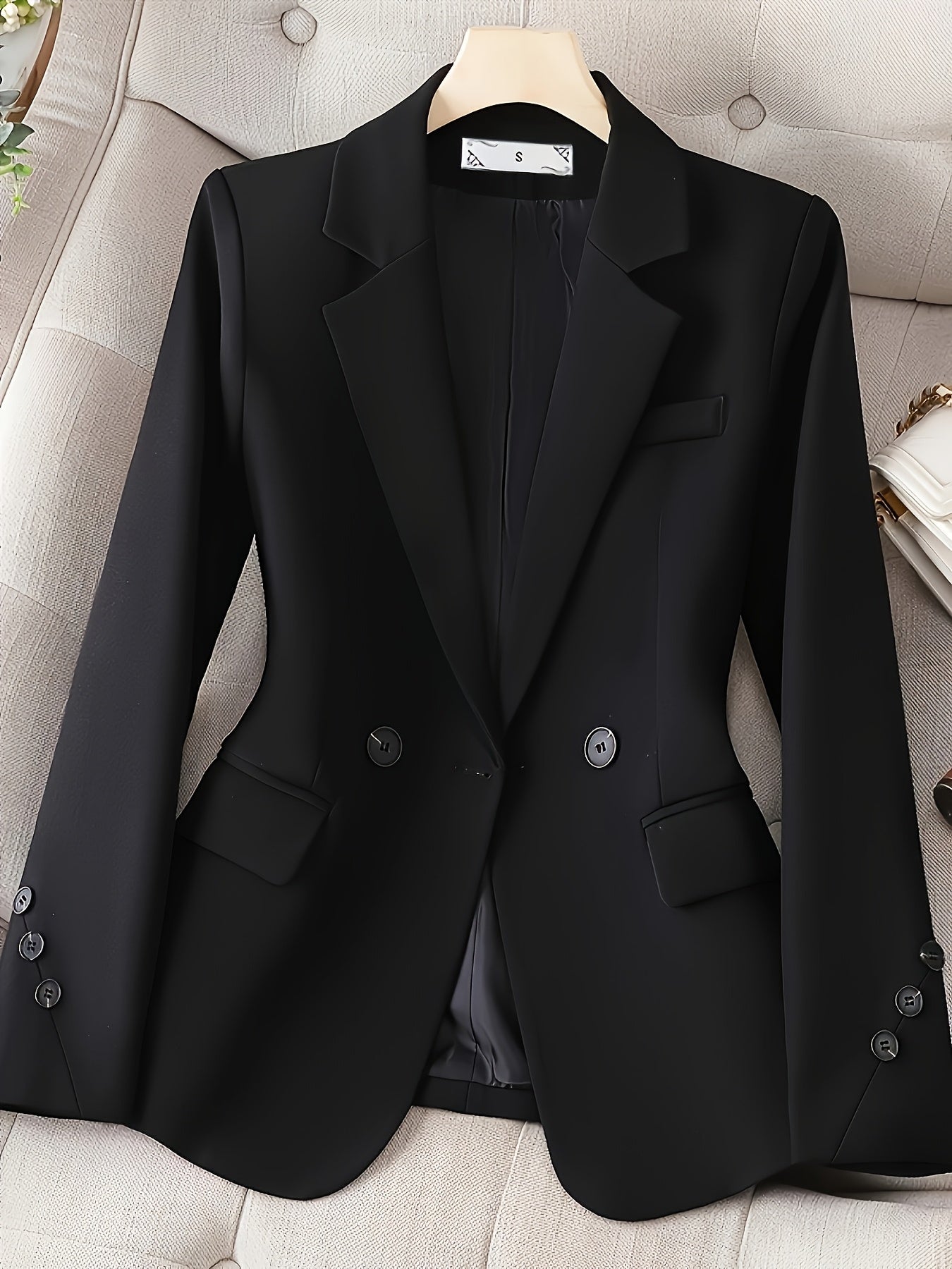 Women's Black Double-Breasted Blazer Long Sleeve Formal Suit