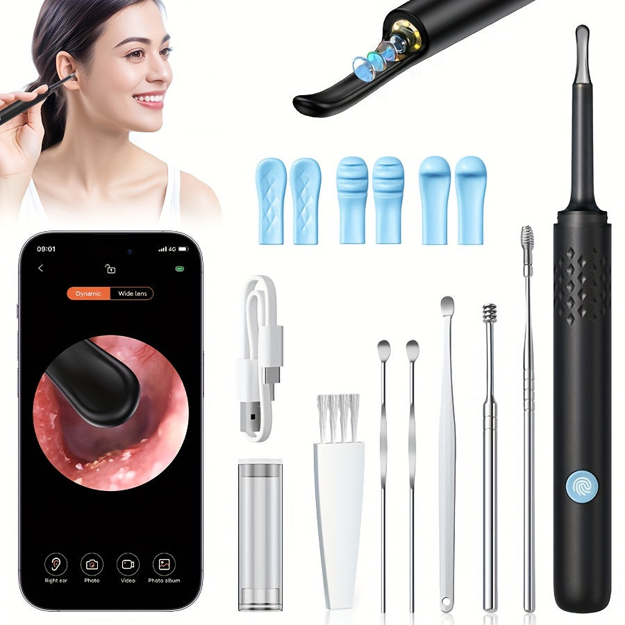 Kit de extracción de cera con otoscopio HD, recargable por USB, alimentado por batería, cámara intraural, negro