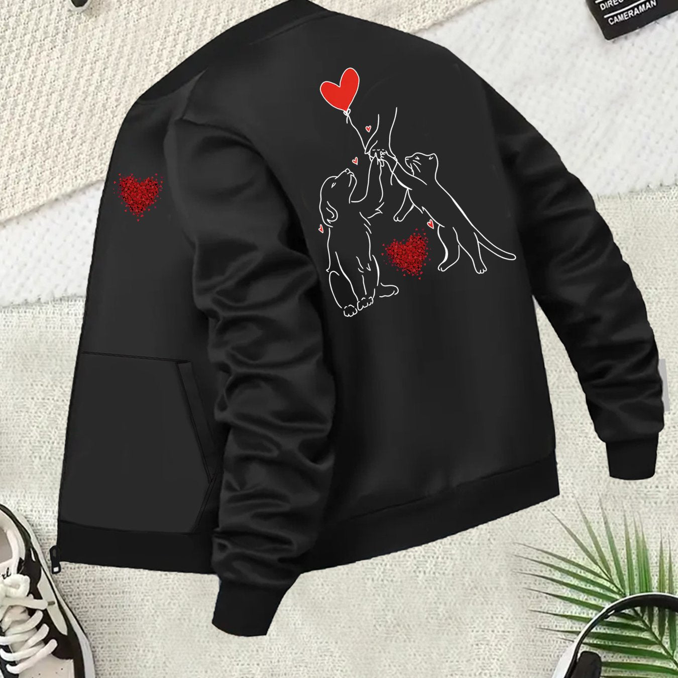 Plus Size Women's Casual Jacket Black Cartoon Dog Heart Print Zip Up Long Sleeve