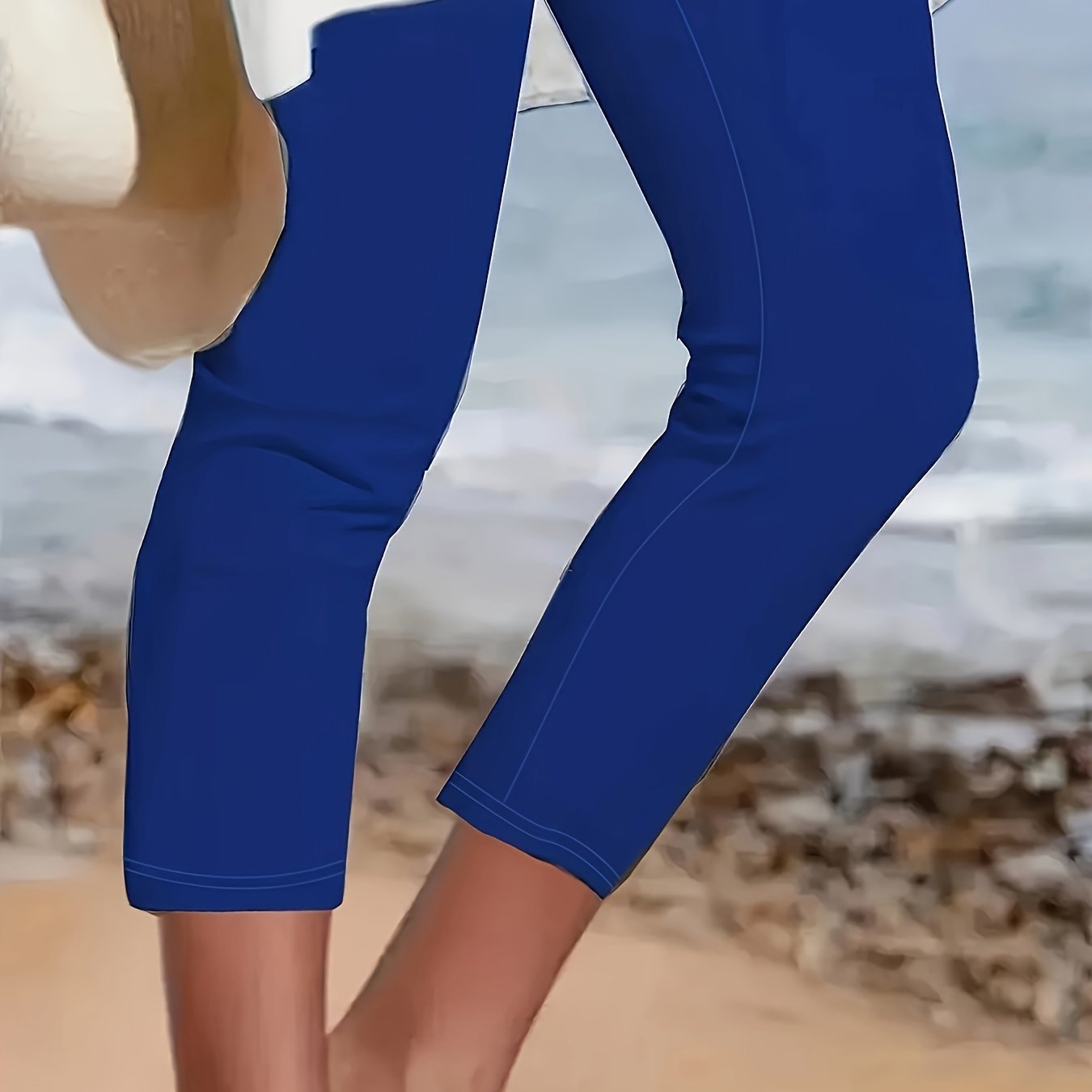 Plus Size Women's Stretchy Capris High-Waisted Solid Blue Casual