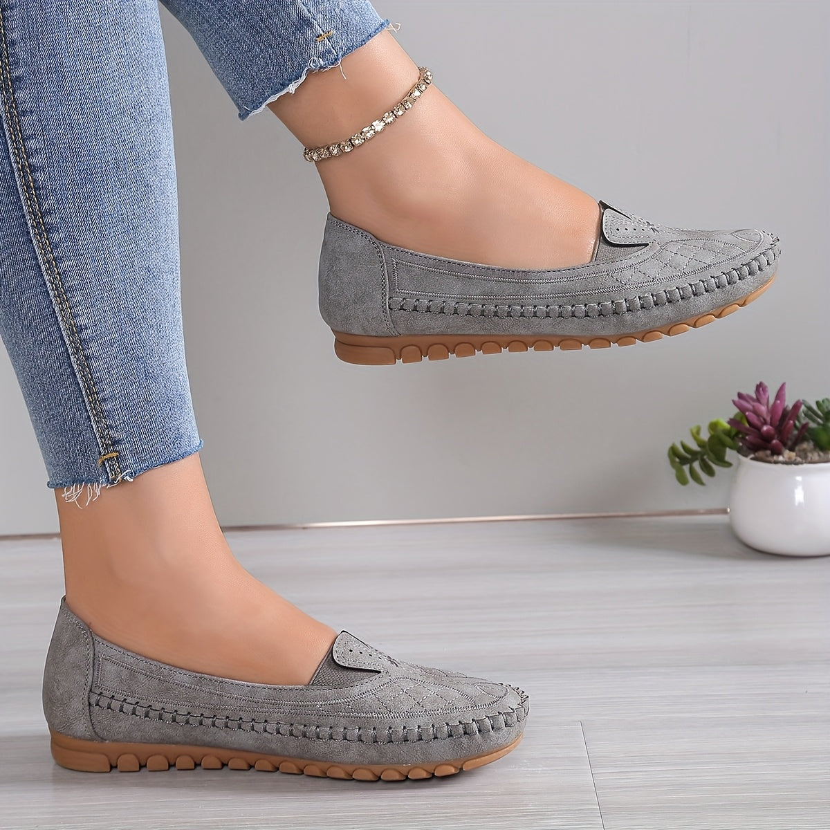 Women's Ballet Flats Faux Cover Slip-On Casual Shoes Cushioned TPR Sole