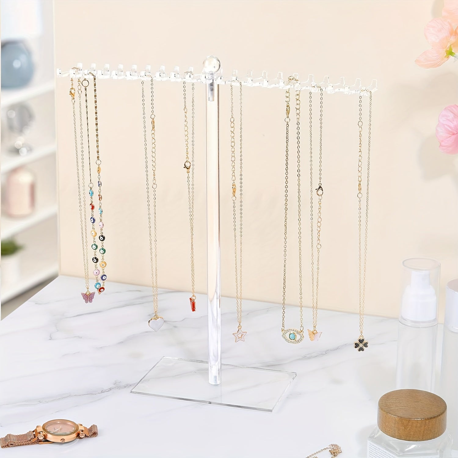 Acrylic Necklace Display Stand with Double-Sided Hooks Transparent Organizer for Jewelry