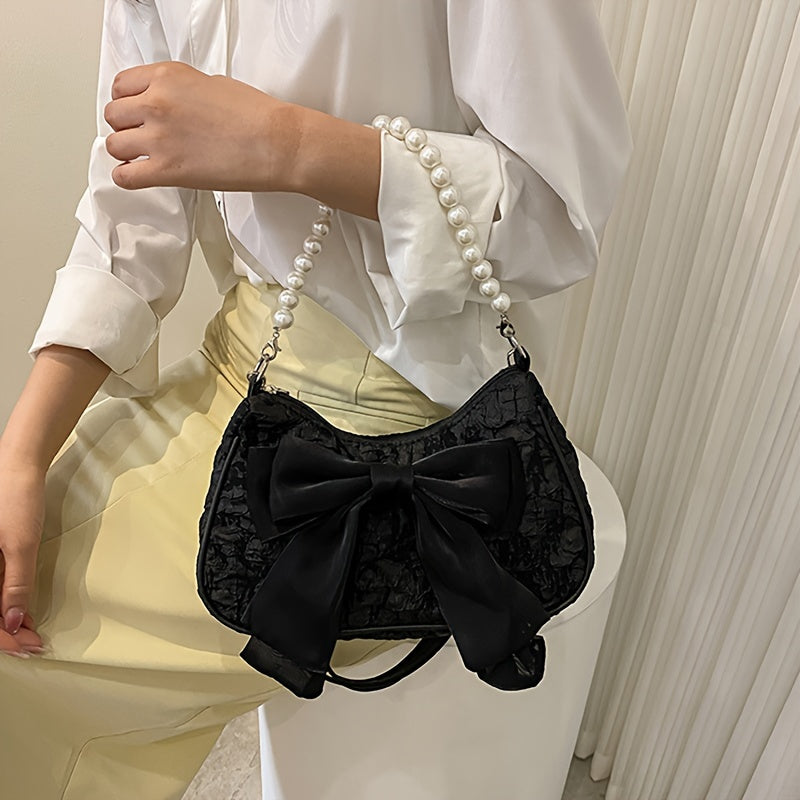 Black Crossbody Bag with Pearl Bow Zipper Closure Polyester Lining Vintage Style