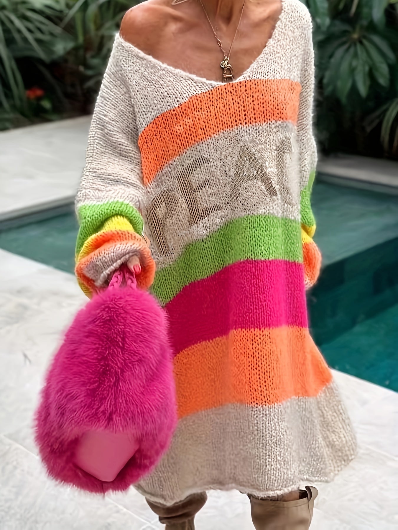 Plus Size Color Block Sweater Dress Casual Long Sleeve V Neck Midi For Spring Fall