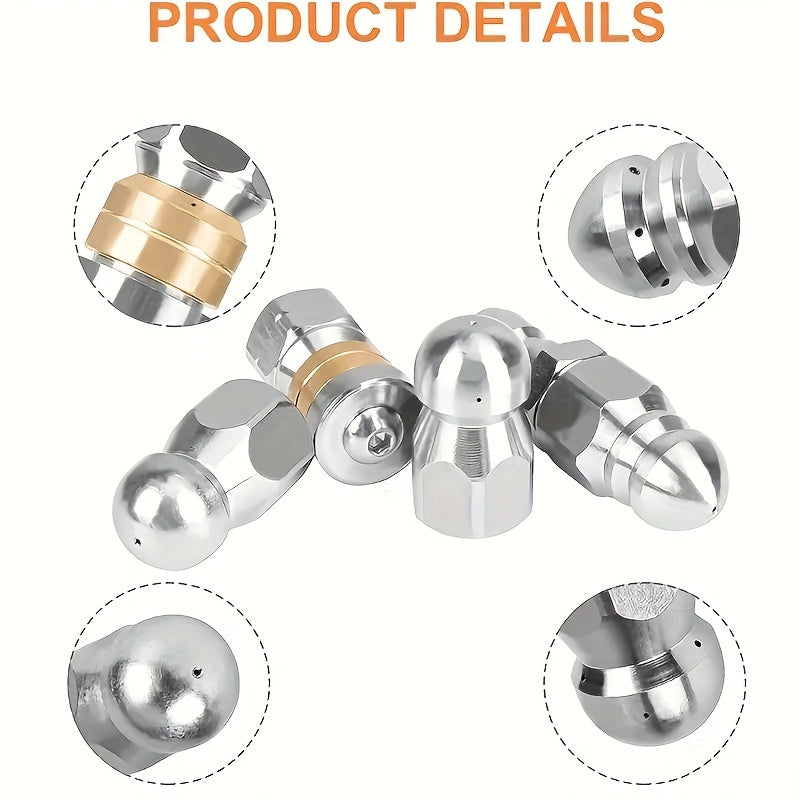 5pc Stainless Steel Sewer Jetter Nozzles with Multiple Jetting Options and Quick Connector