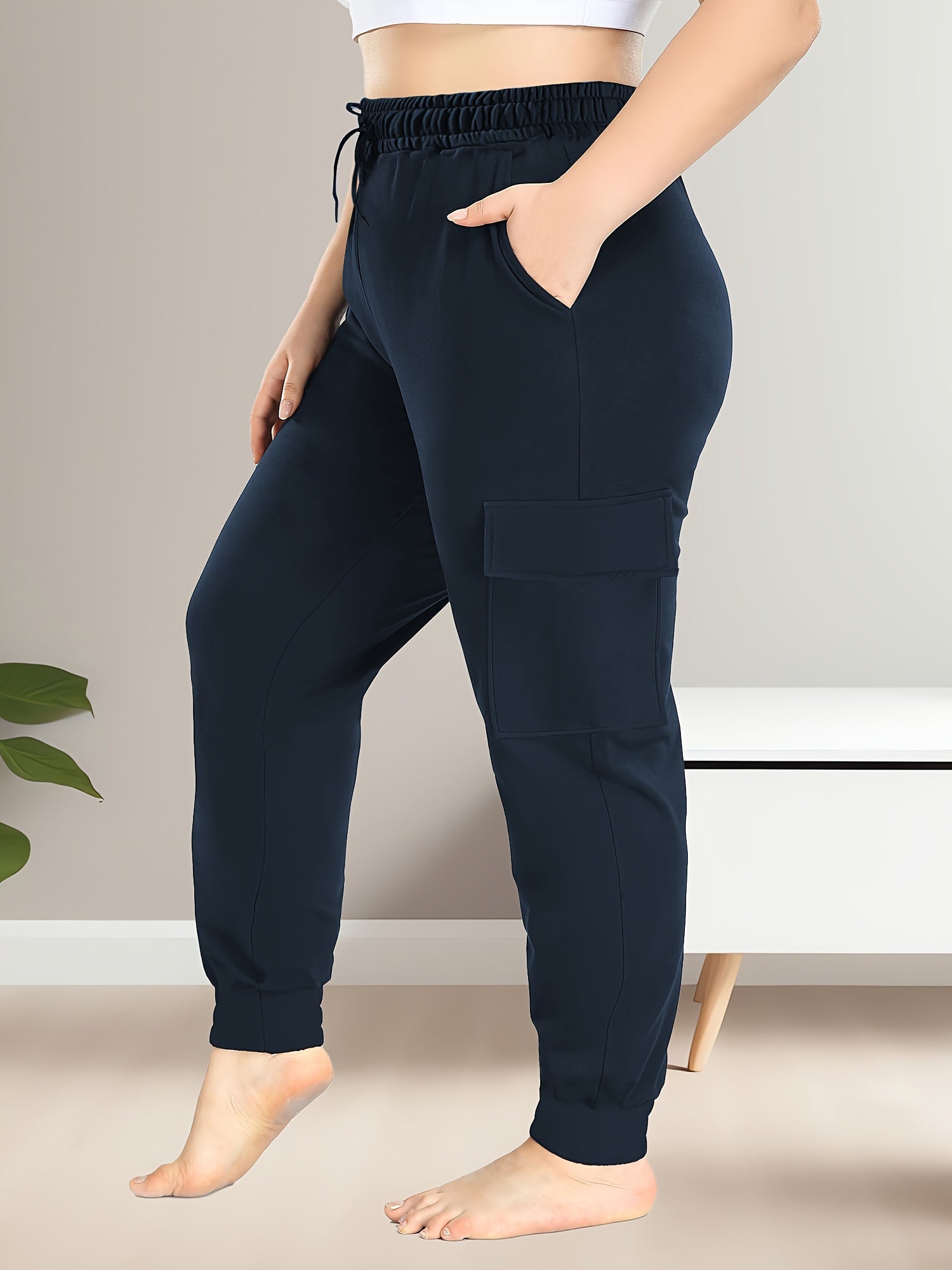 Pantalones cargo de talle alto para tallas grandes con bolsillos, poliéster elástico, cómodos