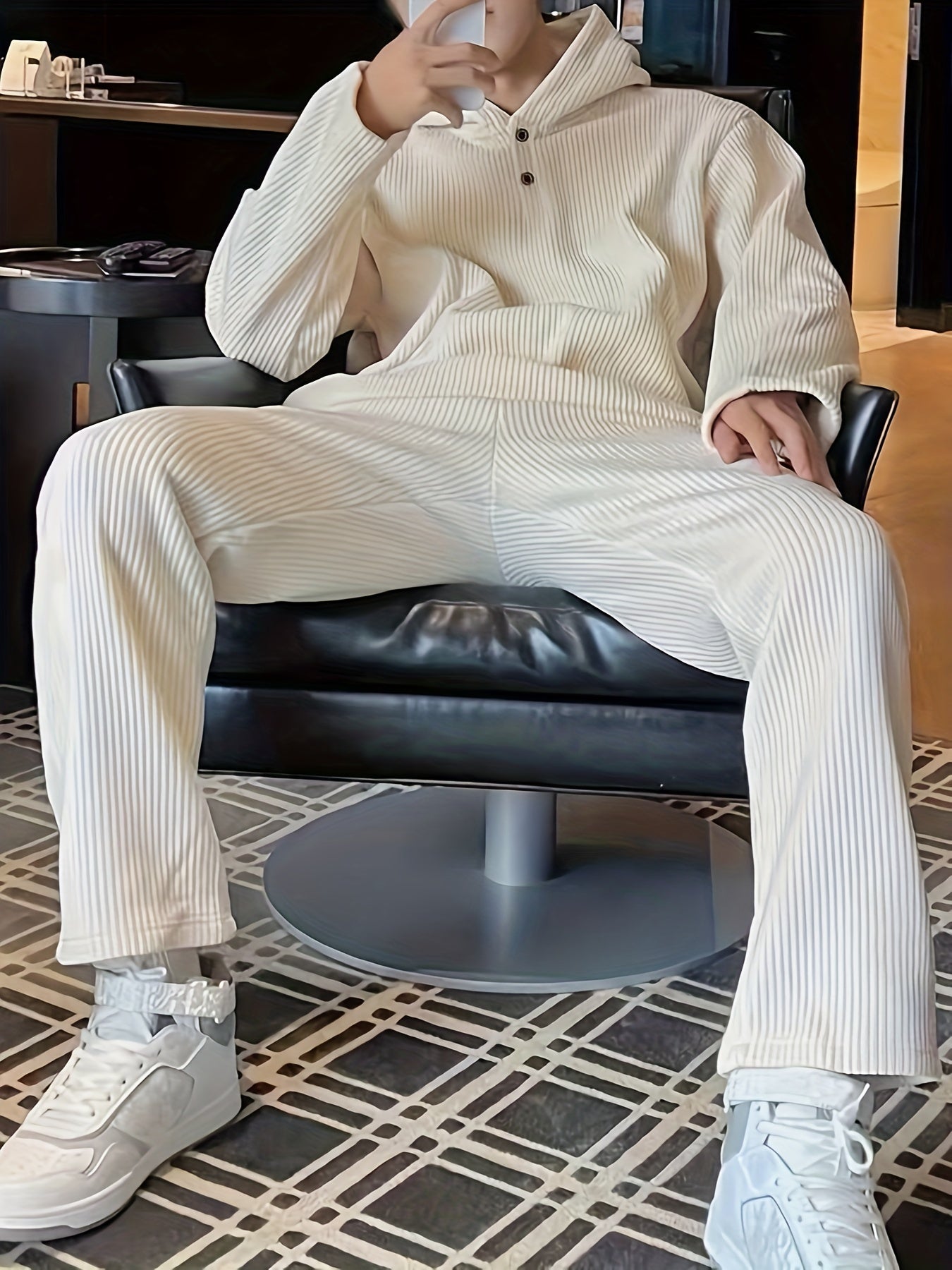 Men's Solid Color Corduroy Hoodie and Sweatpants Set Fall Winter Machine Washable