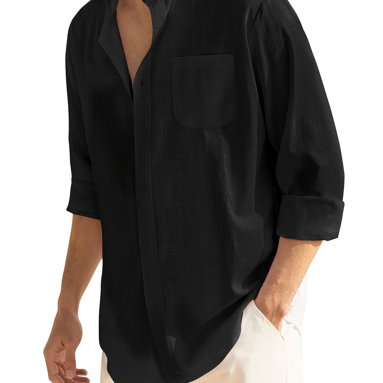 Men's Cotton Vertical Striped Band Collar Shirt Long Sleeve Casual Wear