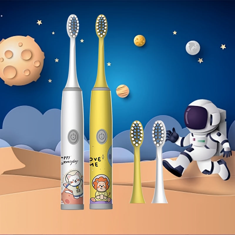 Электрическая зубная щетка для детей с 4 насадками, мягкая щетина, работает на батарейках