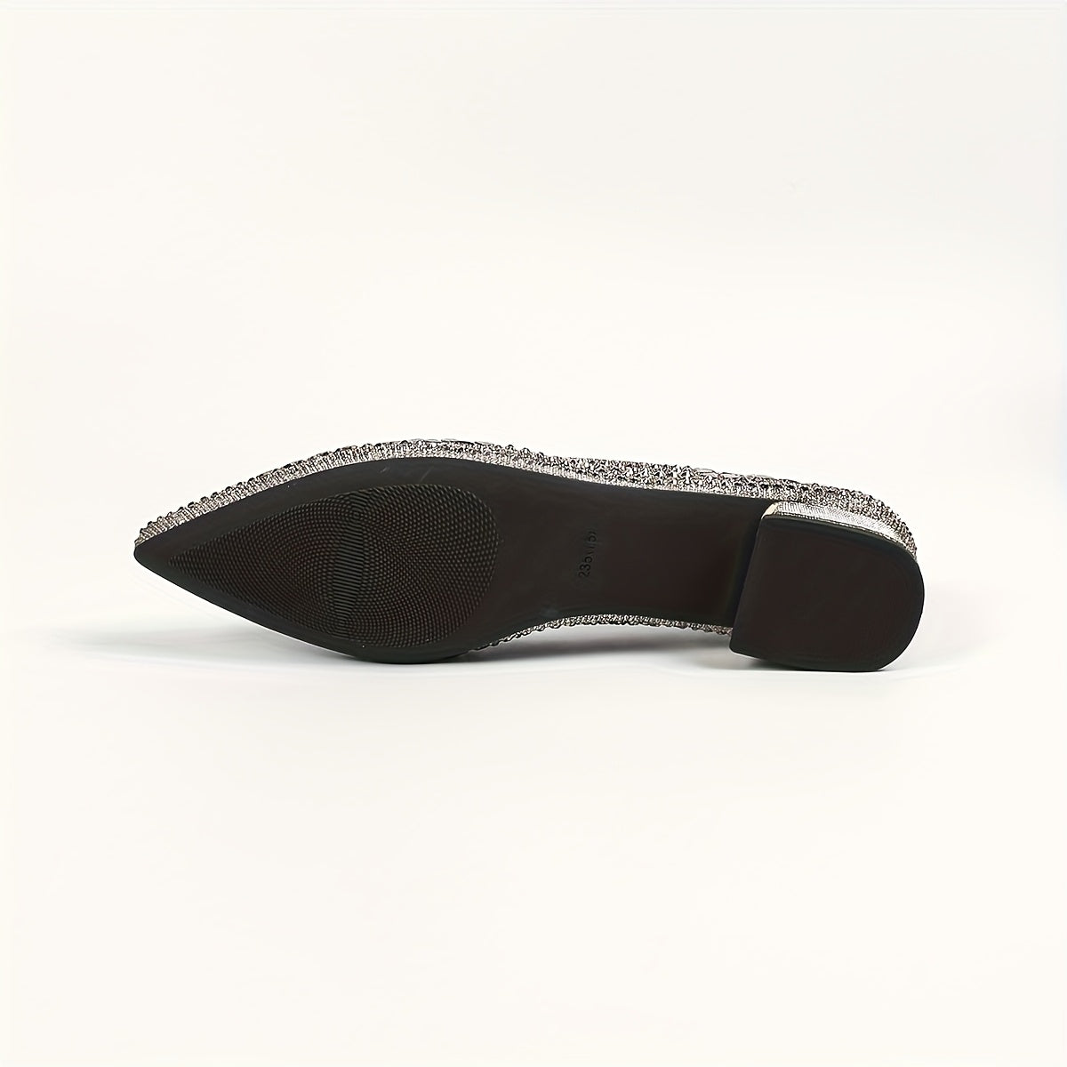 Ayollar uchun fransuz uchburchak botiqli, qalin poyali, ochiq botiqli rhinestone flats tufli