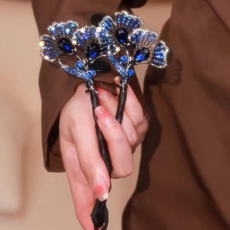 Women Ginkgo Leaf Hair Clip Vintage Style Silver Blue Hair Accessory for Updo and Bun Hairstyles