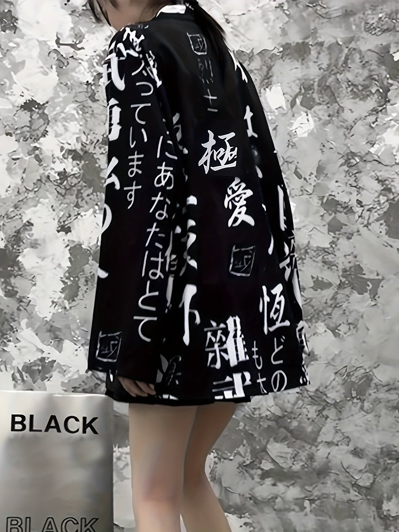 Women's Vintage Chinese Style Kimono Blouse with Pockets Long Sleeve Button-Up Black and White Japanese Letter Print