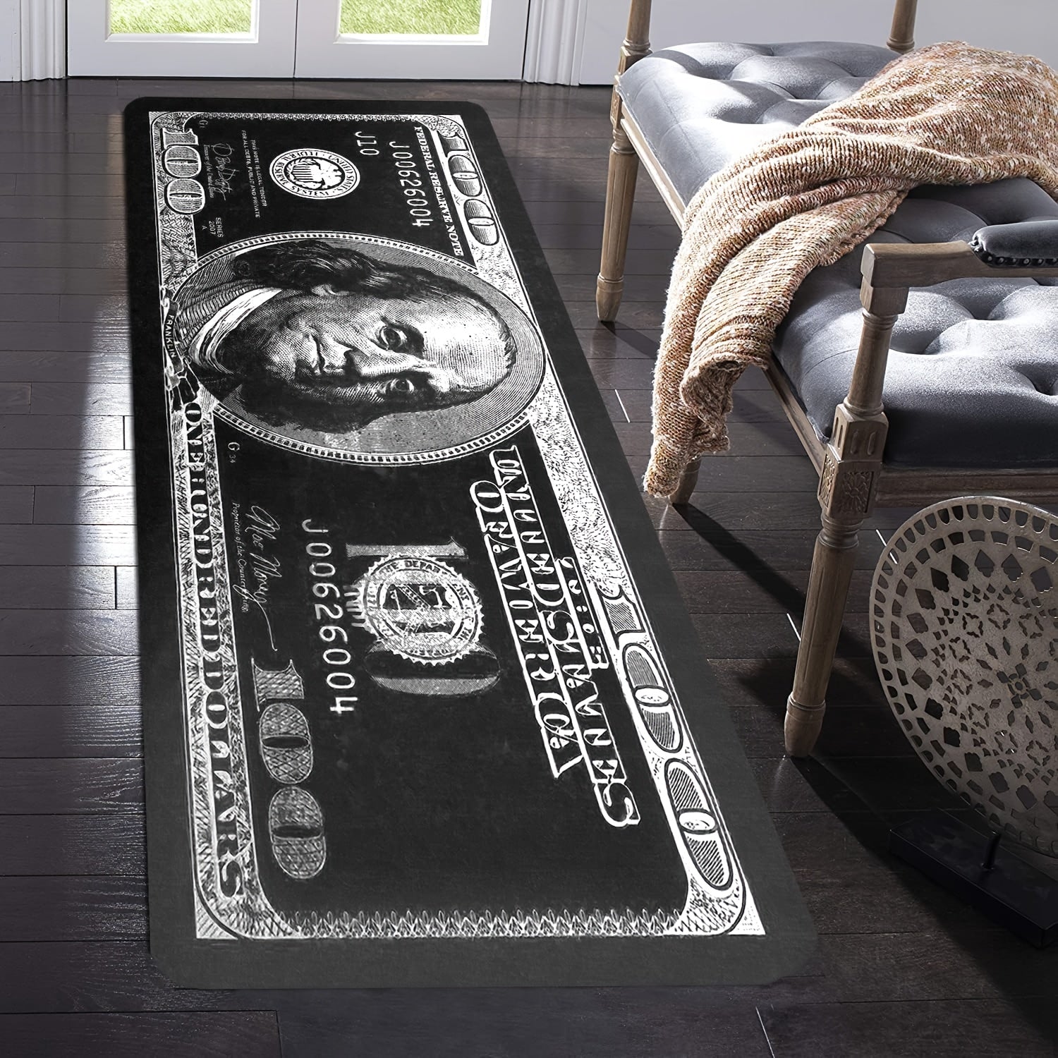 Dollar Bill Runner Carpet Black and White Non-Skid Kitchen and Bedroom Rug