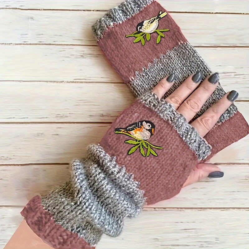 Warm Fingerless Gloves with Double Color Block Design and Hummingbird Embroidery