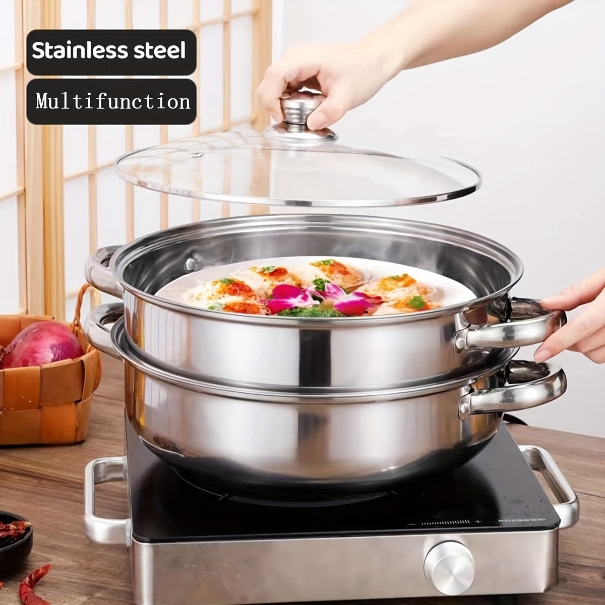 Stainless Steel 2-Tier Steamer Pot with Lid for Vegetables Dumplings Stocks