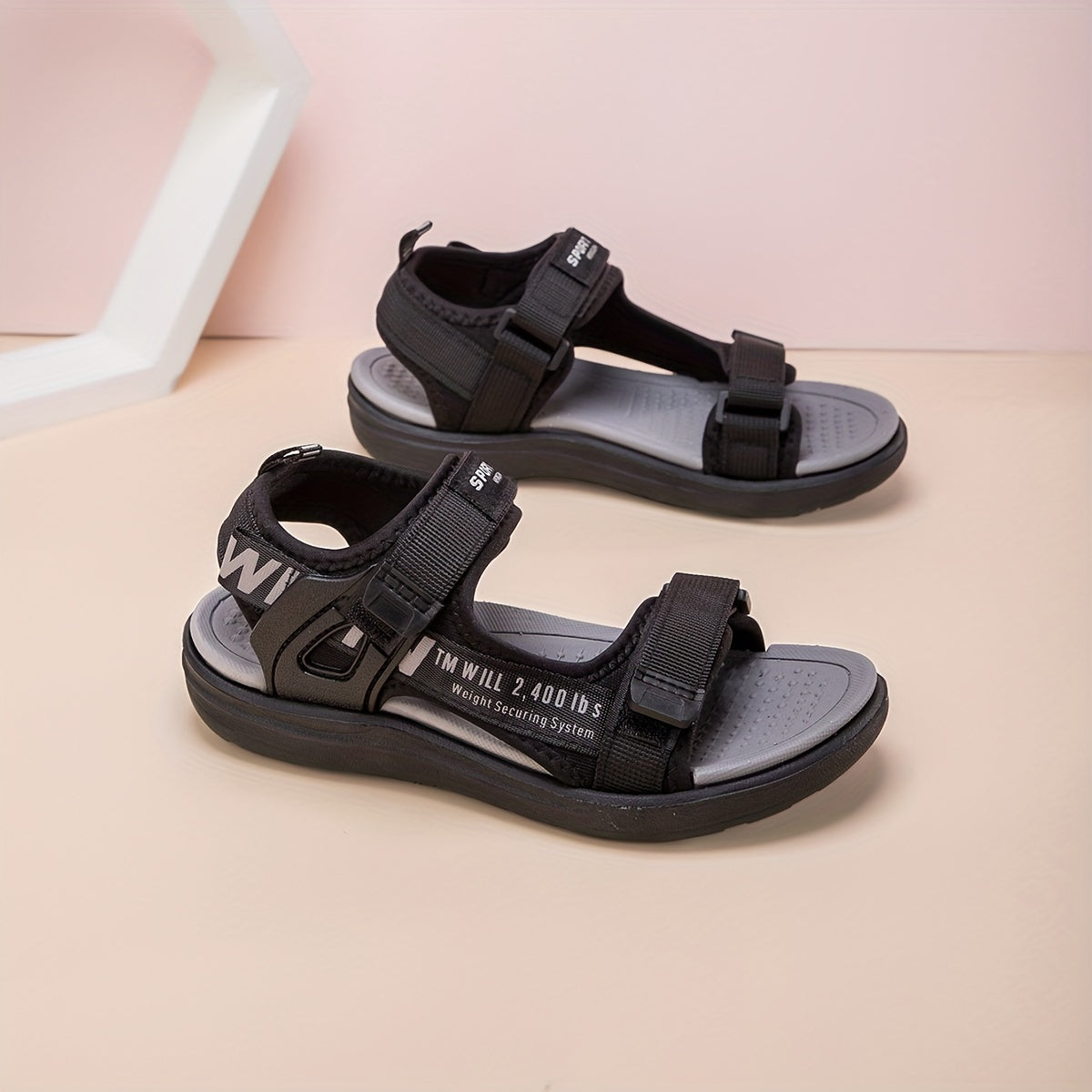 Boys' Black and Gray Breathable Non-Slip Outdoor Sandals with Hook and Loop Closure