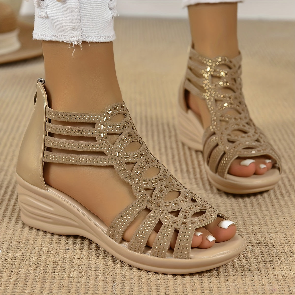 Women's Black Rhinestone Wedge Sandals with Peep Toe Ankle Strap Platform Heel