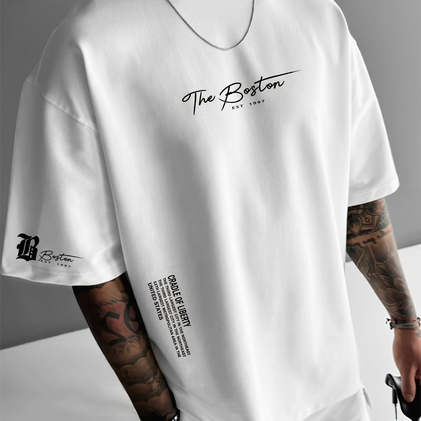 Men's Summer Boston City Slogan T-Shirt Casual Loose Fit Polyester Crew Neck