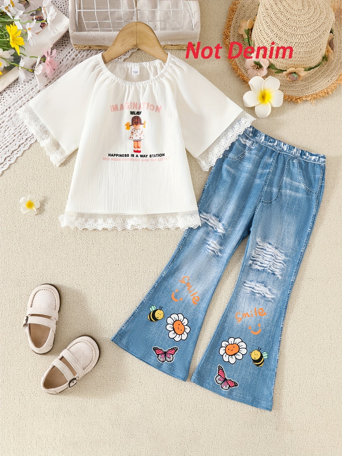 Girls Summer Outfit Set with Lace-Trimmed Top and Faux Denim Pants for Casual Outdoor Wear