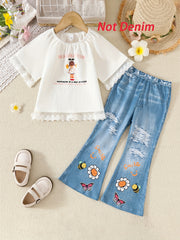 Girls Summer Outfit Set with Lace-Trimmed Top and Faux Denim Pants for Casual Outdoor Wear