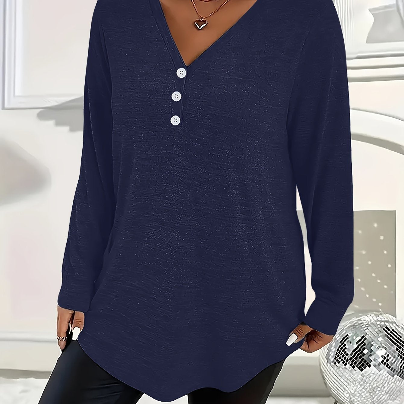 Women's Plus Size V-Neck Long Sleeve Top Polyester Knit Solid Color Fall Winter