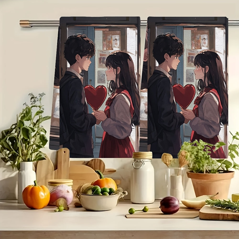 Set of 2 Ultra Soft Absorbent Kitchen Towels with Anime Boy and Girl Design