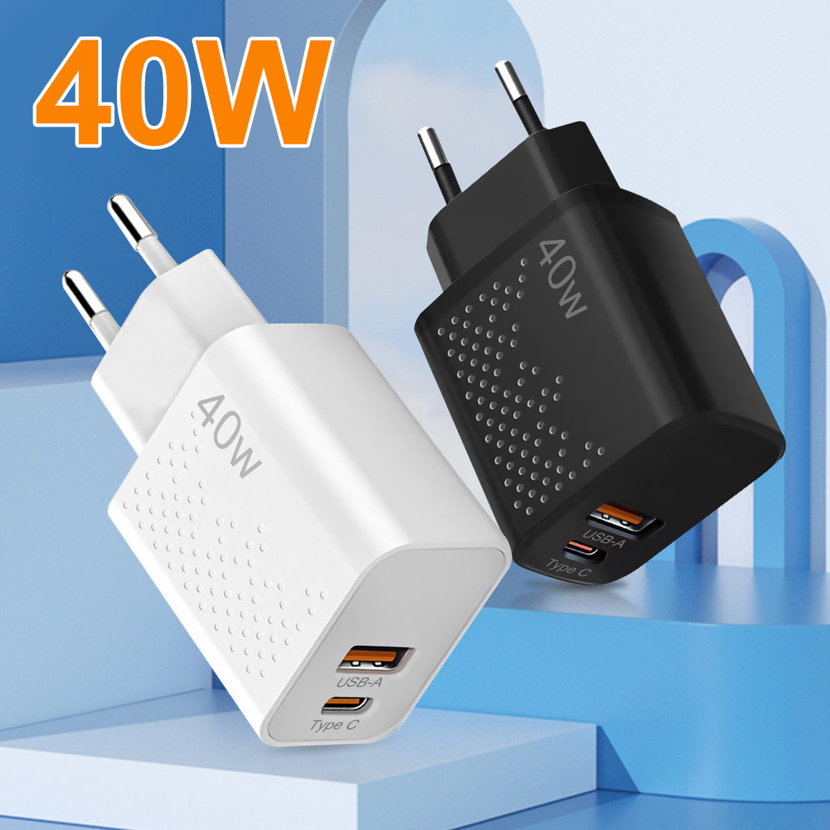 40W Dual Port USB-C Wall Charger with PD QC Fast Charging European Plug for Travel