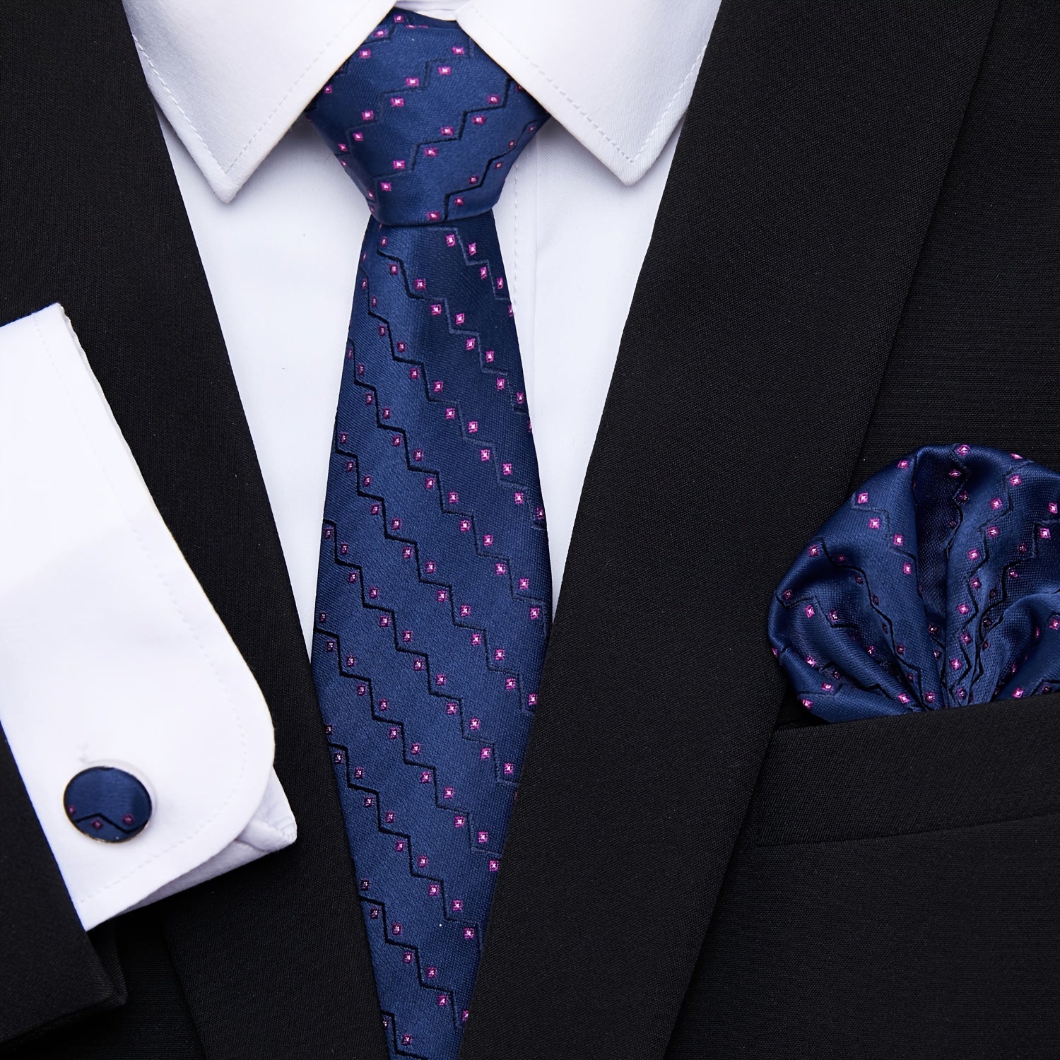 Men's Blue Jacquard Floral Tie Set with Pocket Square and Cufflinks for Weddings and Formal Events