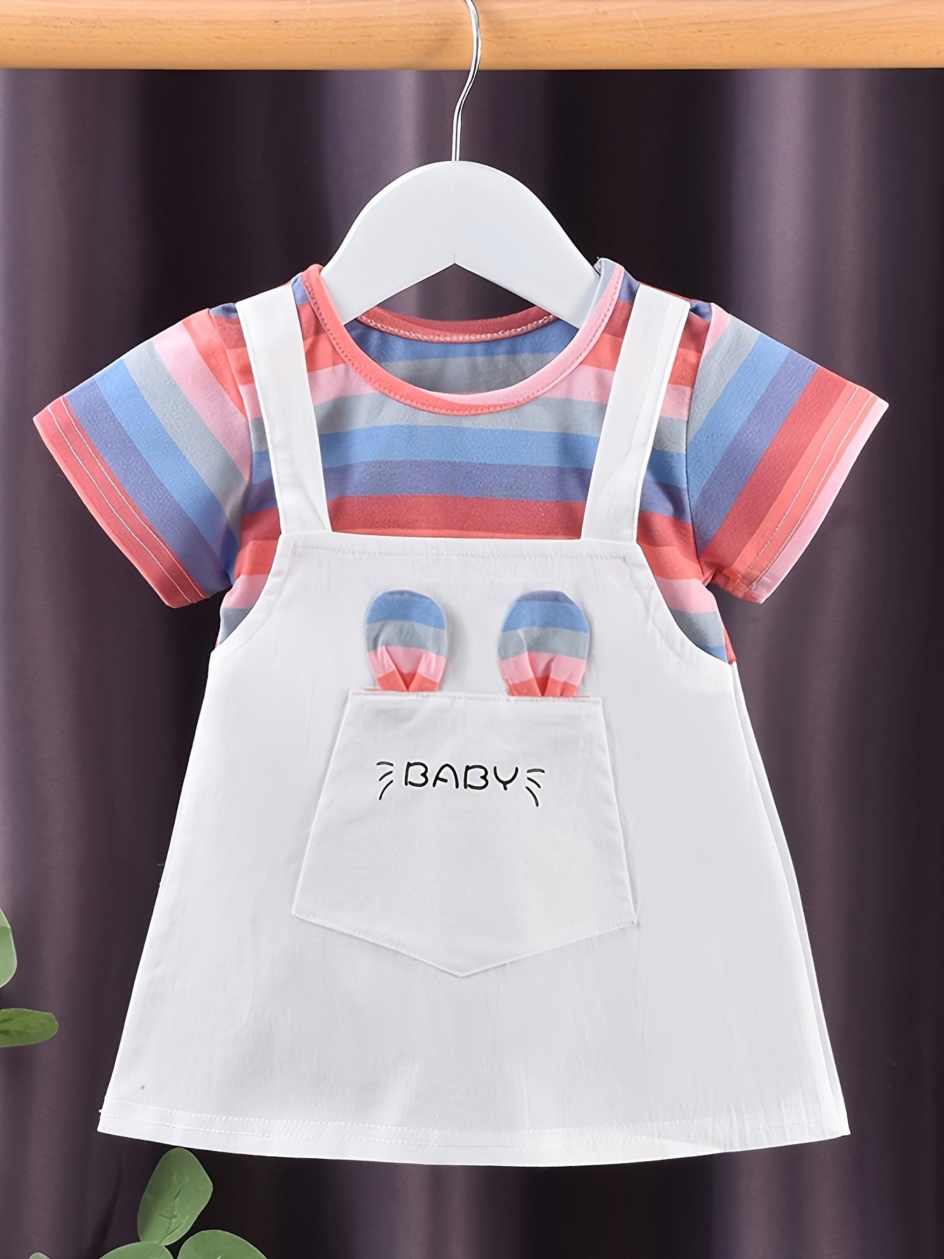 Baby Girl Summer Cotton Dress with Striped Short Sleeves Faux Two-Piece Knit Fabric Regular Fit