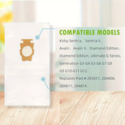 Kirby qismlari raqamlari 205811, 204814 va 204811 ga mos keladigan 4/6/8 ta vakuum sumkalar to'plami. Ushbu universal mato sumkalar barcha Kirby Generation va Sentria modellari uchun mos keladi.