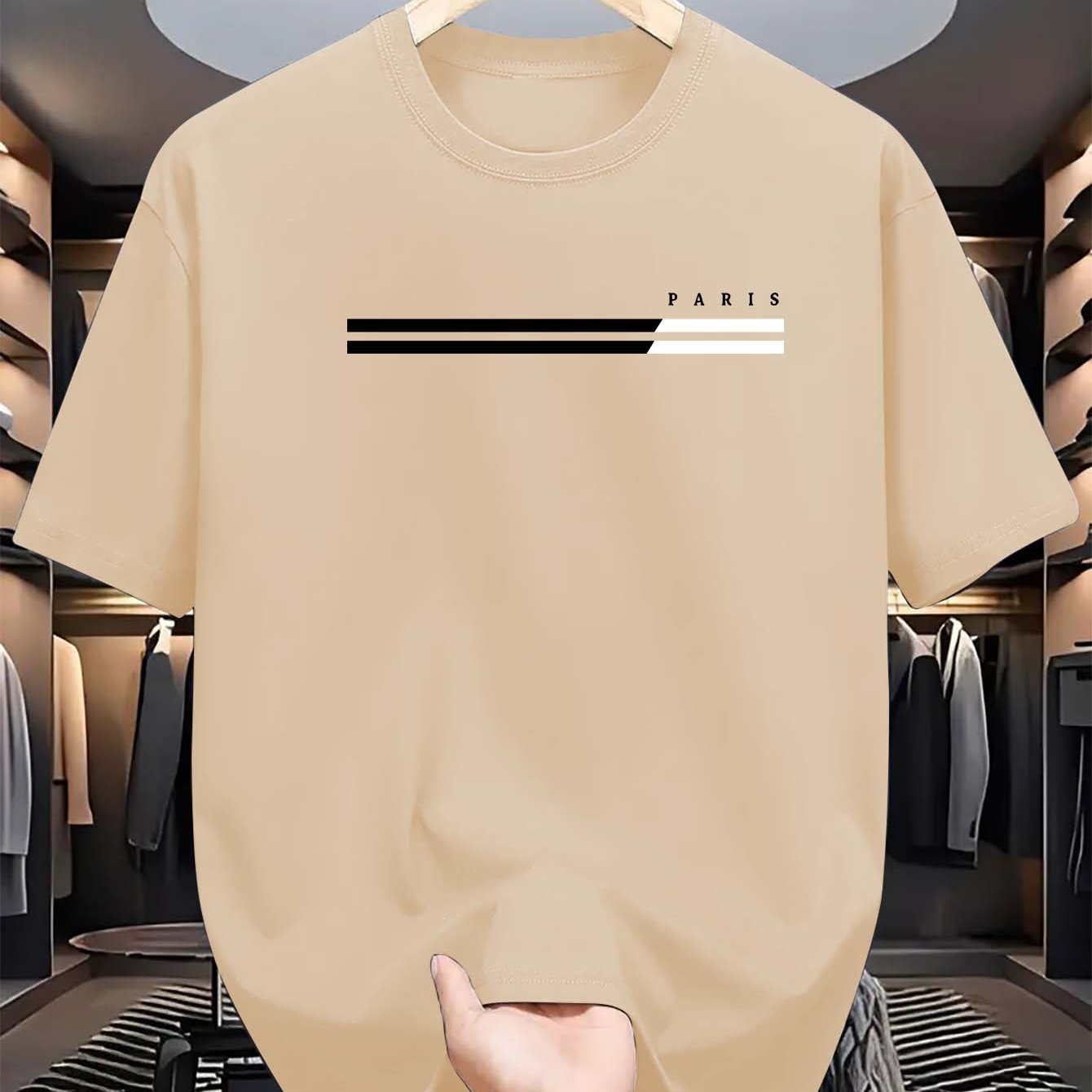 Erkaklar uchun tasodifiy krujka bo'yinli T-ko'ylak, 100% polyester to'qilgan matodan tayyorlangan. Ozgina cho'zilishi, qisqa yenglari bor va kattalar uchun zamonaviy va ko'p maqsadli.