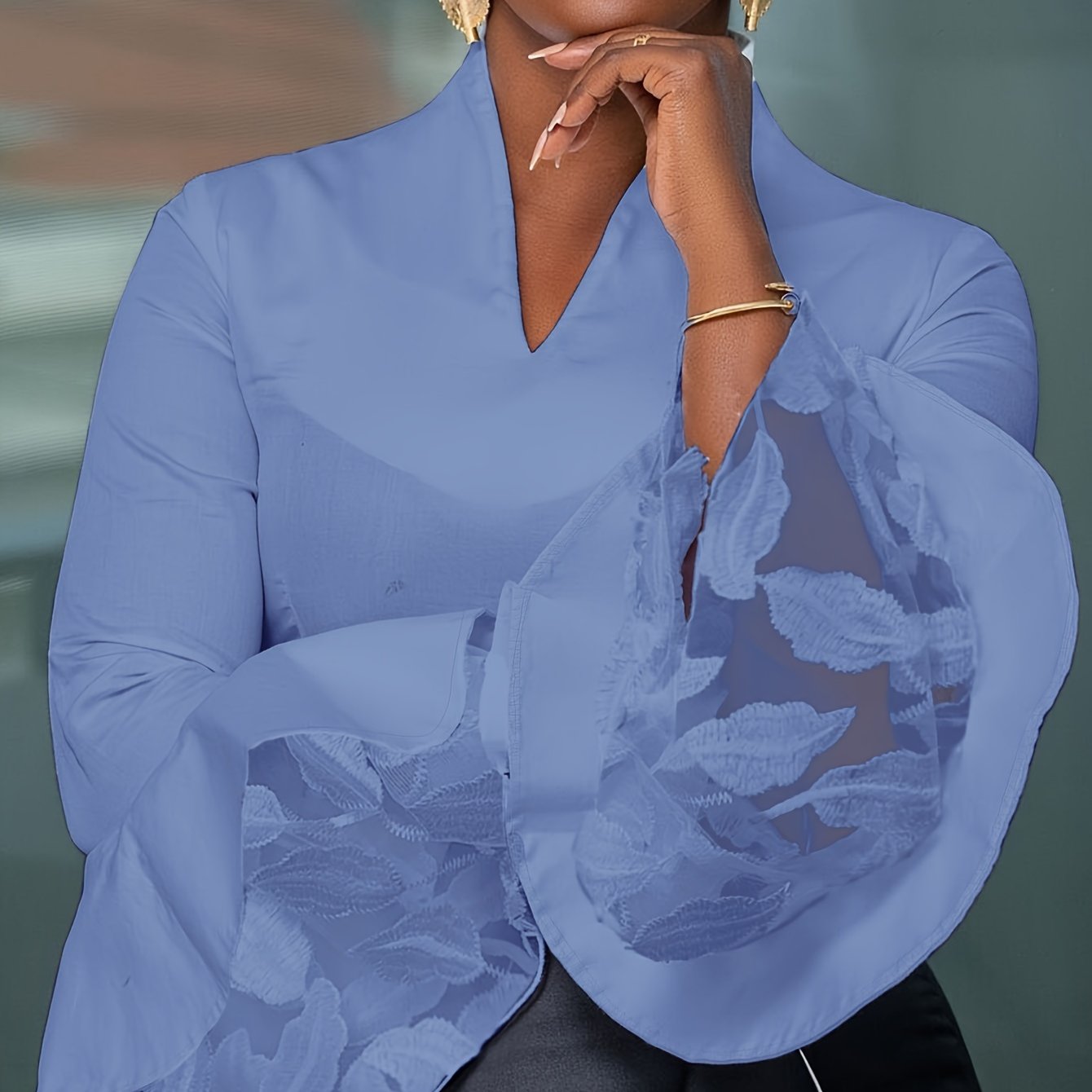 Plus Size Women's Flare Sleeve Long Shirt Contrast Lace Commuter Top