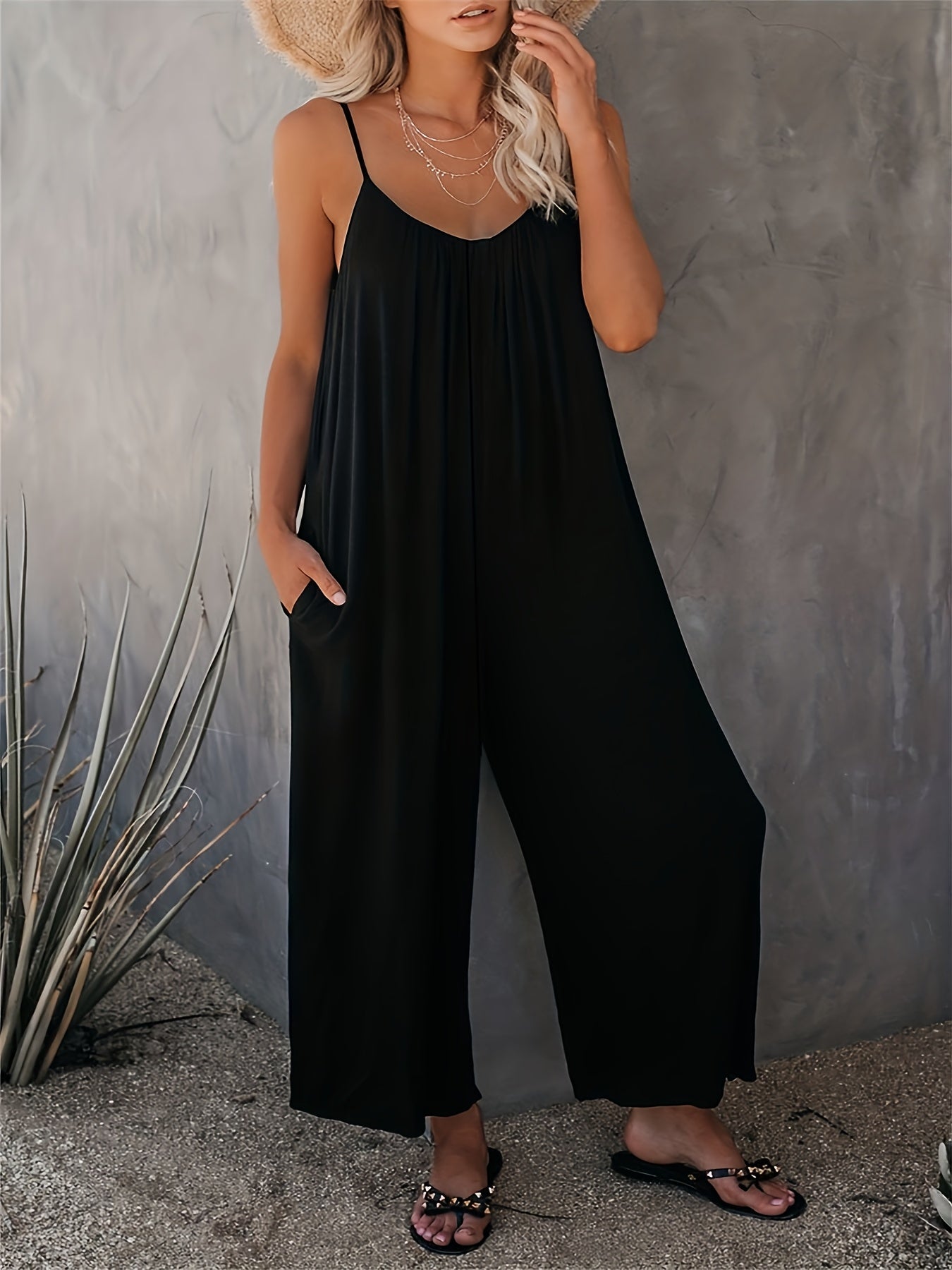 Women's Spaghetti Strap Jumpsuit Polyester Blend Pockets Summer Casual