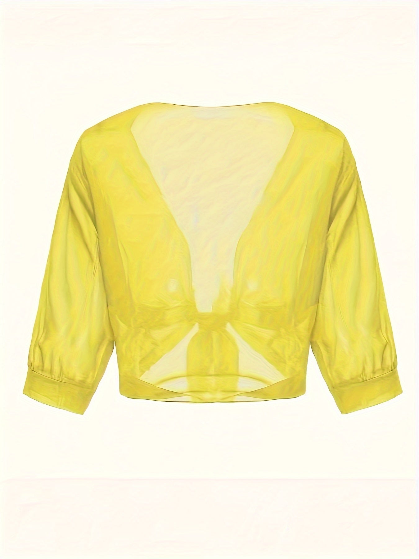 Plus Size Women's Semi-Sheer Tie-Front Blouse Vibrant Yellow Black Long Sleeve Top